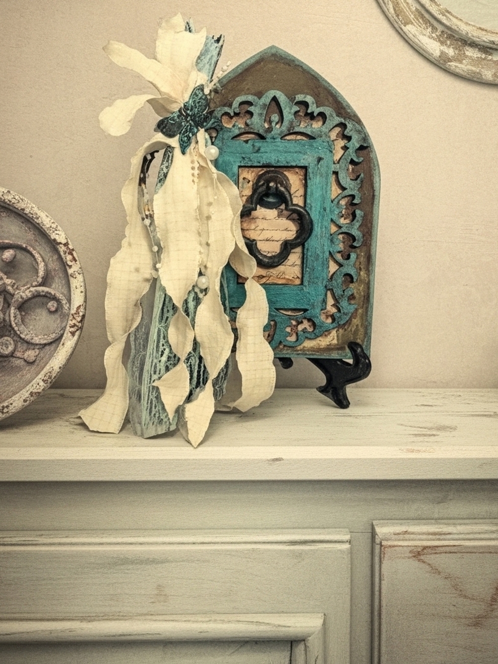 Decorative Turquoise Distressed Wood Accent with Cream Fabric Tassel